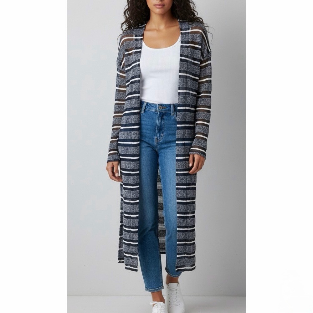 HOLY Anthro Navy Blue Sheer Striped Duster Longline Open Front Cardigan Sweater
